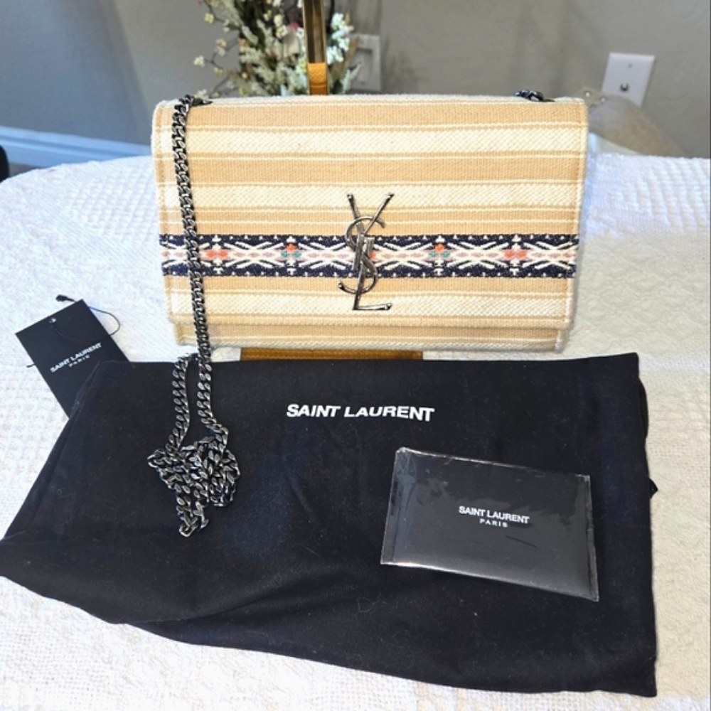 Saint Laurent Straw Crossbody Bag in Cream and Navy Trim - Picture 1 of 11